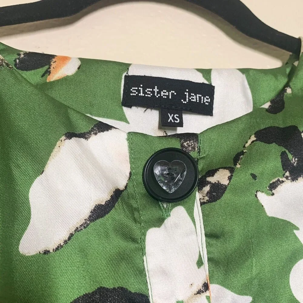 Sister Jane Flora Dorm Ruffle Midi Dress XS Floral Green Long Sleeve Big Collar - Picture 4 of 7
